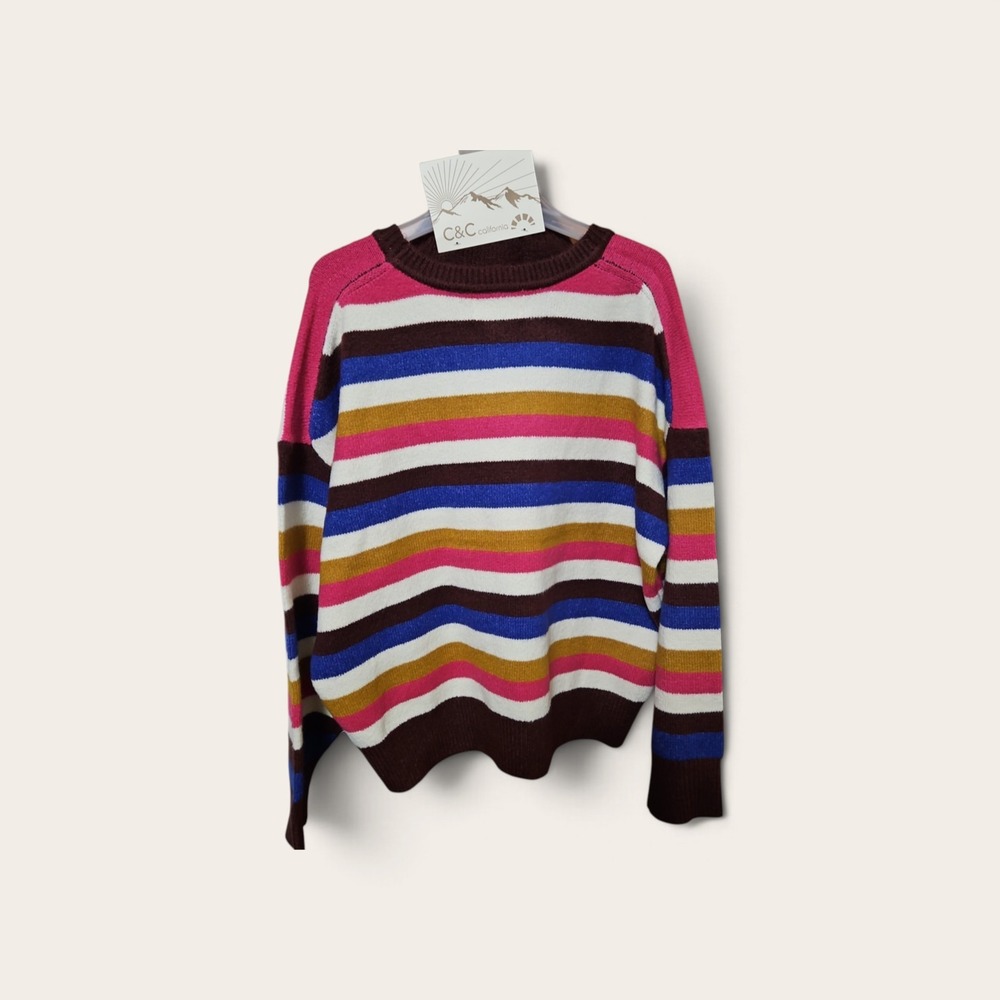 C&C California Womens Striped Crewneck Sweater & Beanie Set  NEW 0608